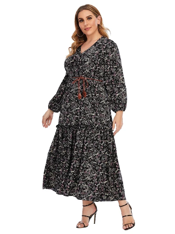 KittenAlarm - Plus Size Paisley Print Ruffled Hem Maxi Dress with Waist Belt