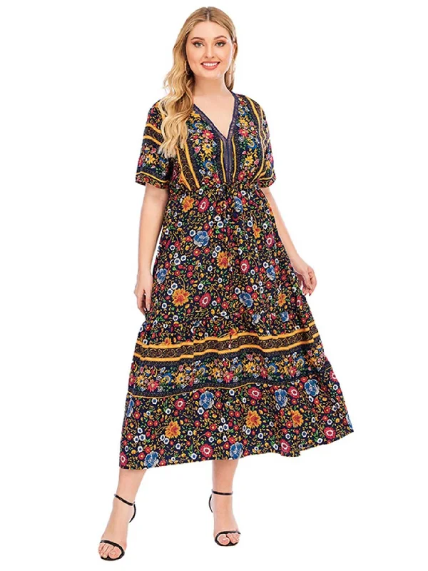 KittenAlarm - Short Sleeve V-Neck Bohemian Maxi dress