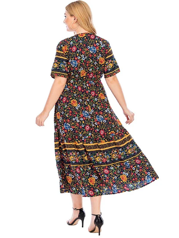 KittenAlarm - Short Sleeve V-Neck Bohemian Maxi dress