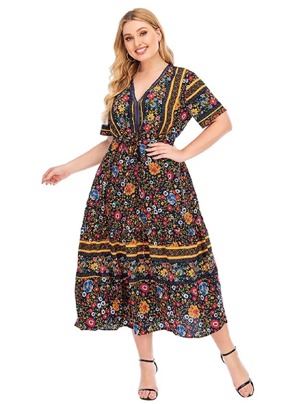 KittenAlarm - Short Sleeve V-Neck Bohemian Maxi dress