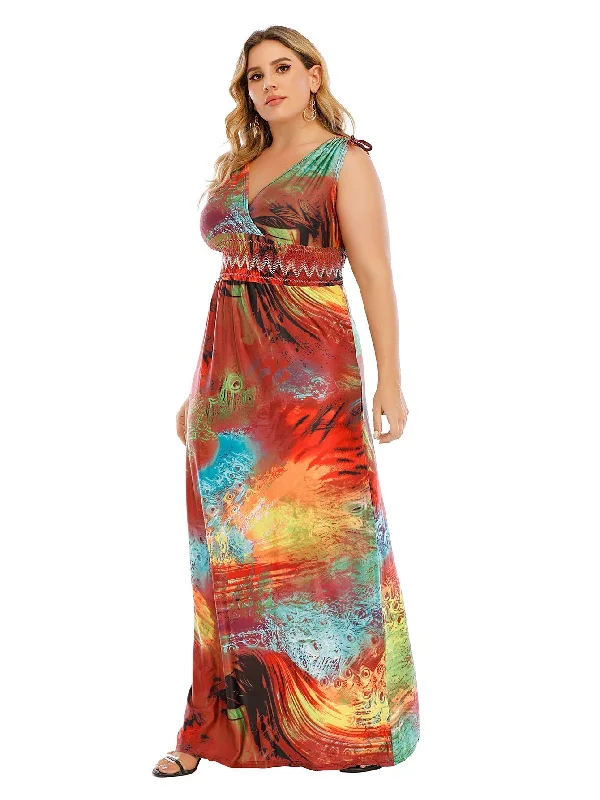 KittenAlarm - Plus Size Tie Shoulder Smocked Waist Maxi Dress