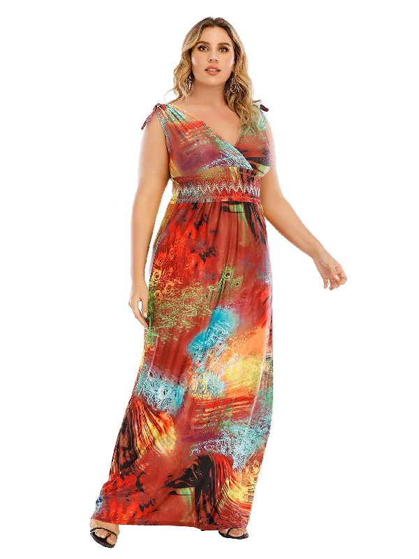 KittenAlarm - Plus Size Tie Shoulder Smocked Waist Maxi Dress