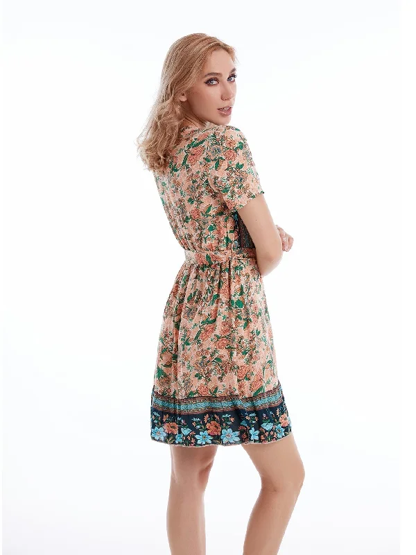 KittenAlarm - Boho Print Self Waist Tie Ruffled Trim Dress