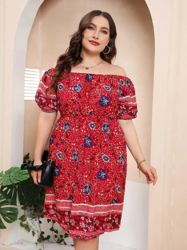 KittenAlarm - Plus Size Boho Print Off Shoulder Elastic Waist Dress