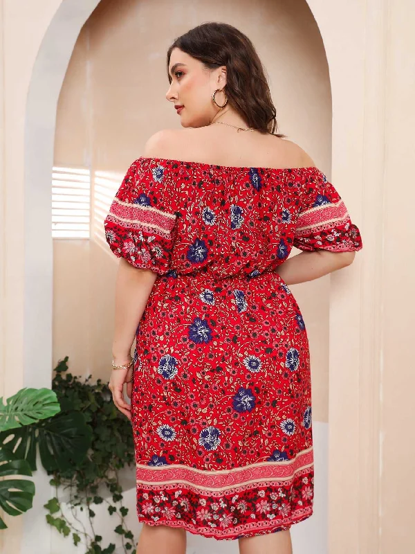 KittenAlarm - Plus Size Boho Print Off Shoulder Elastic Waist Dress