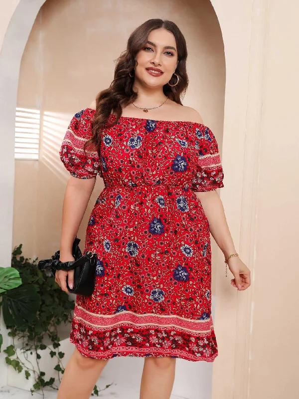 KittenAlarm - Plus Size Boho Print Off Shoulder Elastic Waist Dress