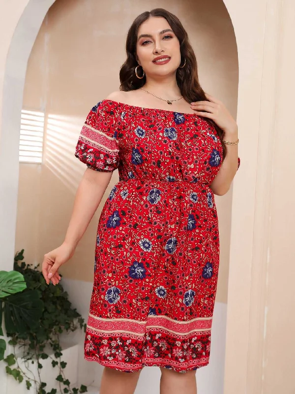 KittenAlarm - Plus Size Boho Print Off Shoulder Elastic Waist Dress