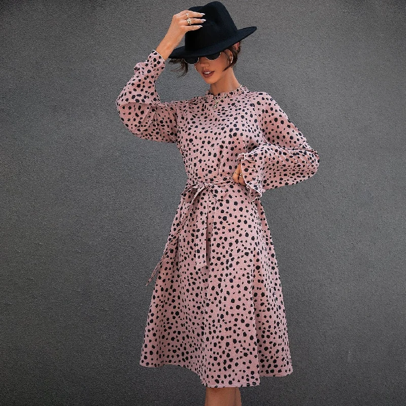 KittenAlarm - All Over Leopard Print Flounce Sleeve Belted Dress