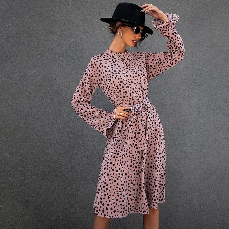 KittenAlarm - All Over Leopard Print Flounce Sleeve Belted Dress