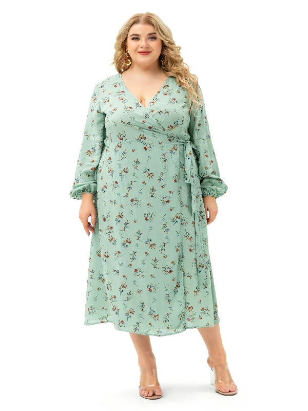 KittenAlarm - Light Green Plus Size Long Sleeve Wrap Dress