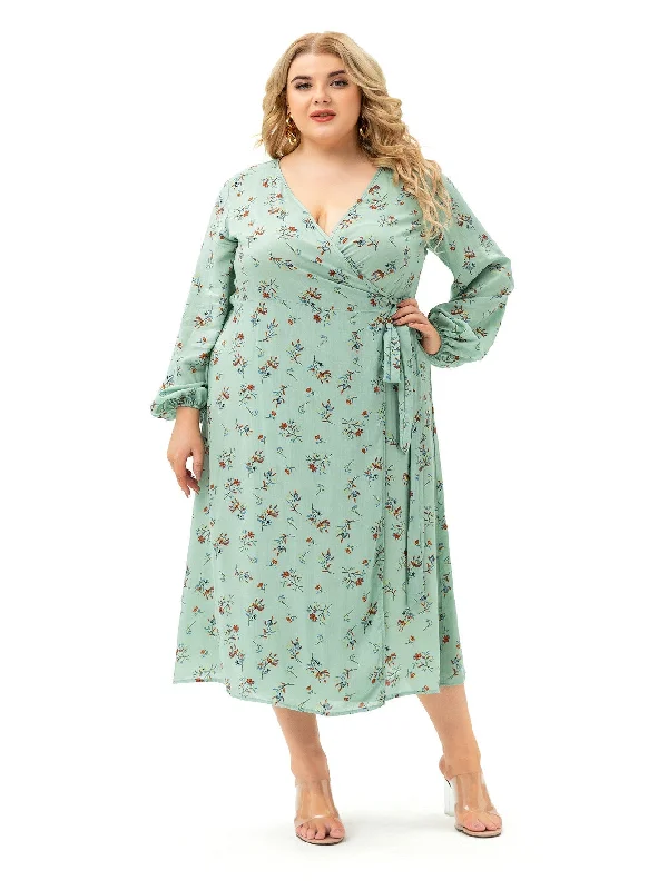 KittenAlarm - Light Green Plus Size Long Sleeve Wrap Dress