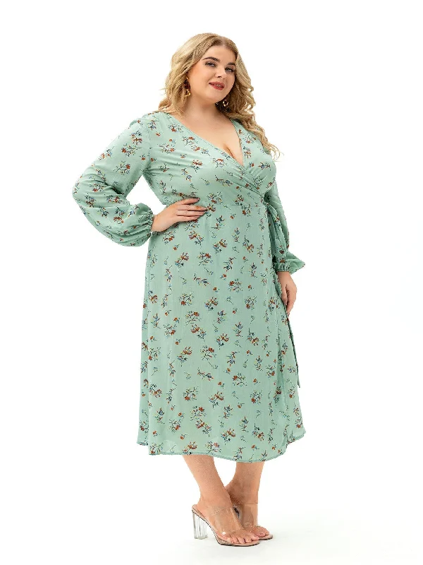 KittenAlarm - Light Green Plus Size Long Sleeve Wrap Dress