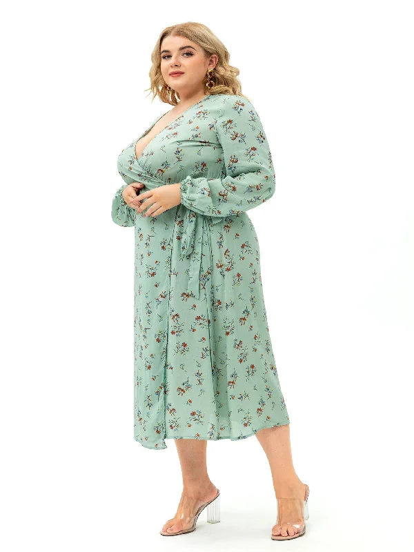 KittenAlarm - Light Green Plus Size Long Sleeve Wrap Dress