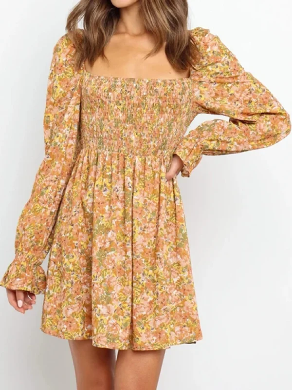 KittenAlarm - Floral Printed square collar long sleeves dress