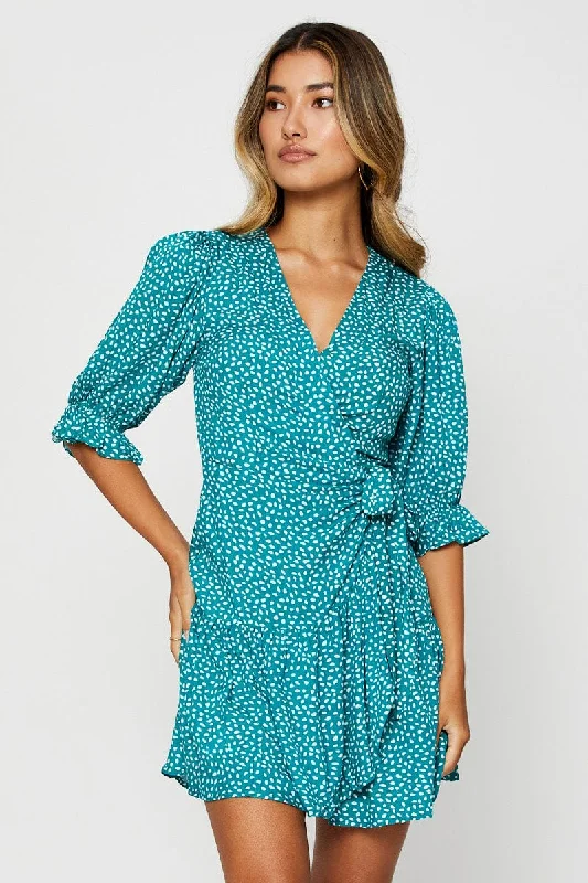 Abstract Print Wrap Dress Short Sleeve Mini