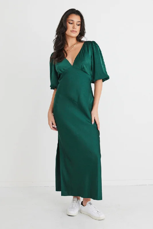 Aura Forest Satin Puff Sleeve Bias Midi Dress