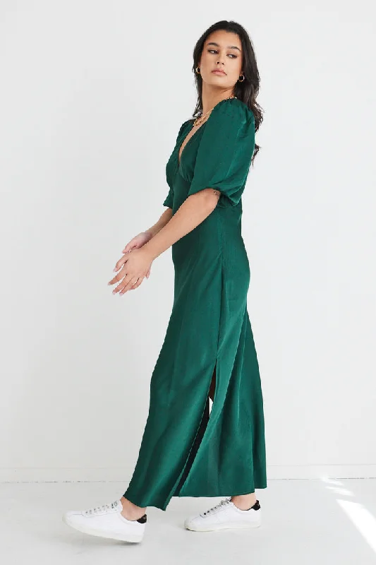 Aura Forest Satin Puff Sleeve Bias Midi Dress