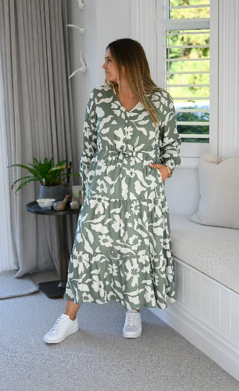 Avery Dress - Green bloom print