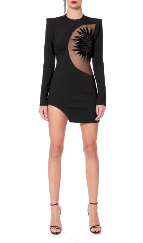 FLOWER LONG SLEEVE MINI BANDAGE DRESS IN BLACK