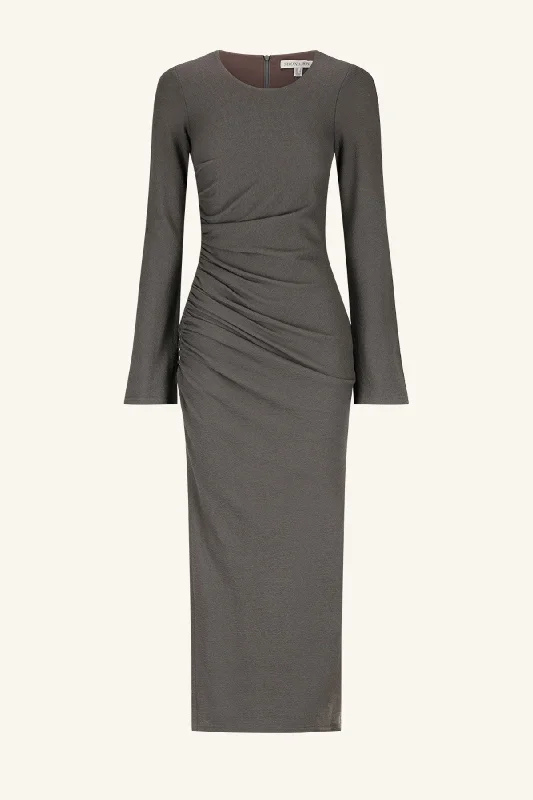 BEAU GATHERED LONG SLEEVE MIDI DRESS - DARK ASH