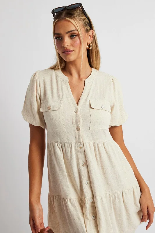 Beige Button Through Mini Dress Collar Linen Blend