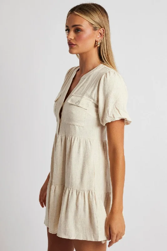 Beige Button Through Mini Dress Collar Linen Blend