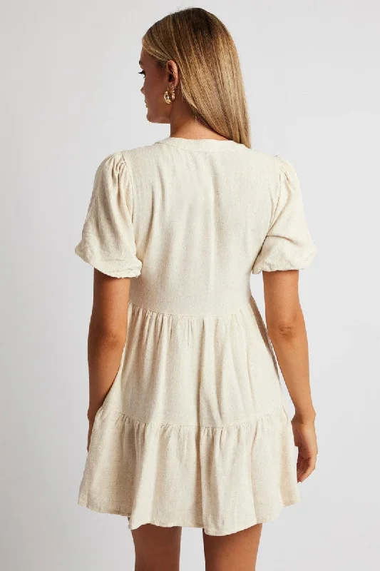 Beige Button Through Mini Dress Collar Linen Blend