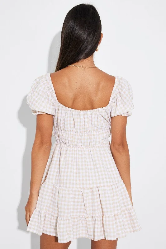 Beige Check Fit and Flare Dress Short Sleeve Tiered