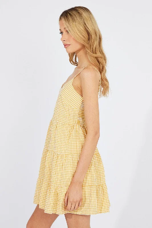 Beige Check Fit and Flare Dress Sleeveless Tiered