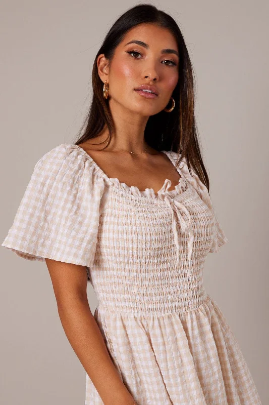 Beige Check Maxi Dress Short Sleeve Shirred