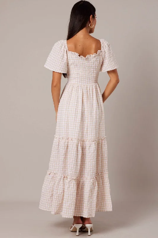 Beige Check Maxi Dress Short Sleeve Shirred