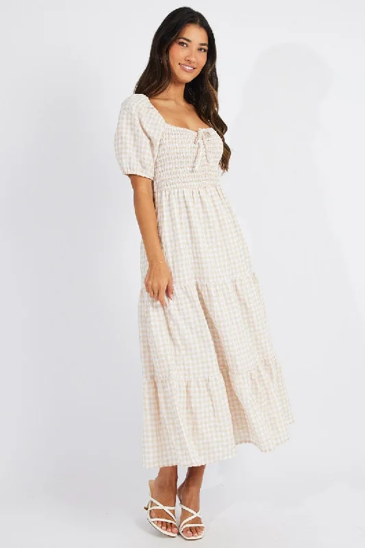 Beige Check Maxi Dress Short Sleeve Shirred