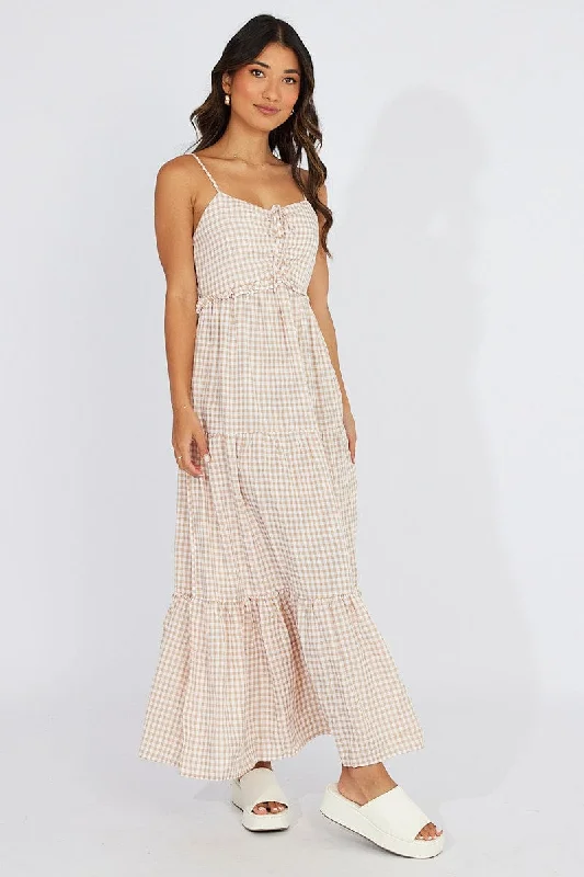 Beige Check Maxi Dress Sleeveless Shirred Bust