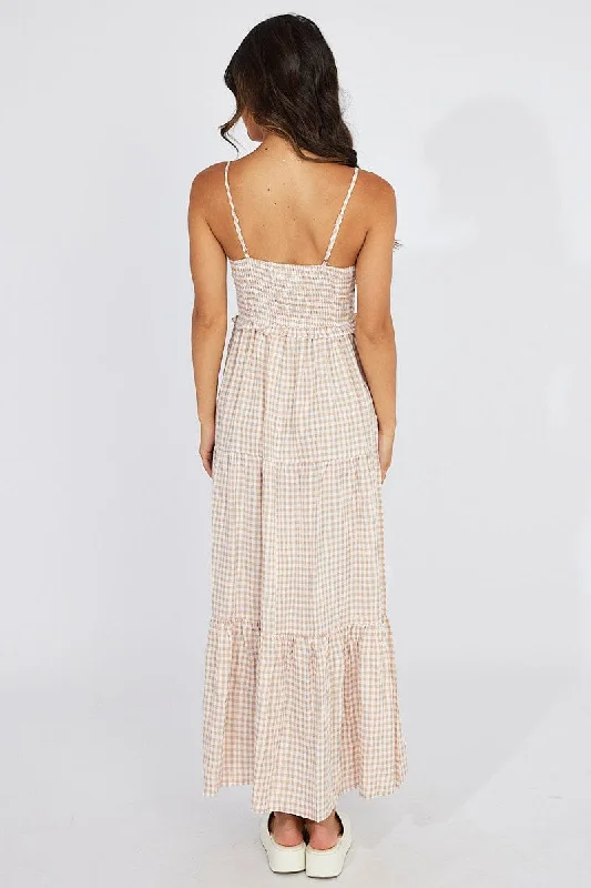 Beige Check Maxi Dress Sleeveless Shirred Bust