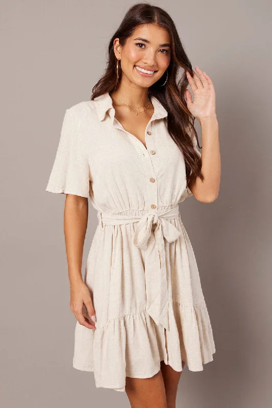 Beige Fit And Flare Dress Wing Sleeve