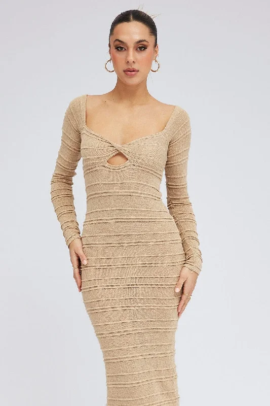 Beige Knit Dress Long Sleeve Sweetheart Twist Crochet