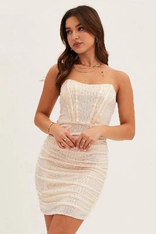 Beige Sequin Corset Detail Ruched Mini Dress