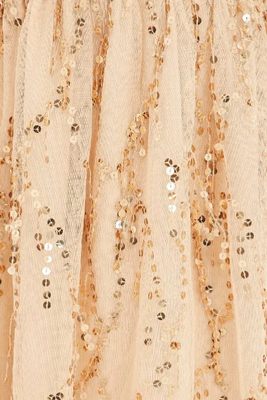 Beige Sequin Dress Deep V Neck Strappy Tulle