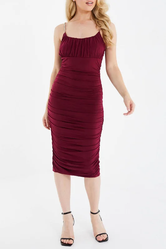 Berry Ity Ruched Bust Diamante Strap Midi Dress