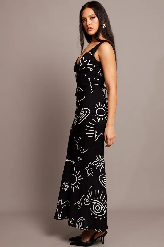 Black Abstract Maxi Dress Plunge V Neck Dress