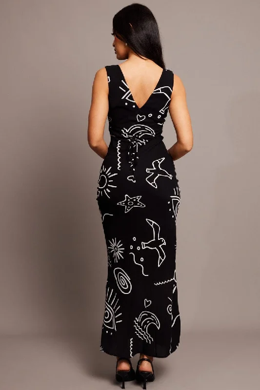 Black Abstract Maxi Dress Plunge V Neck Dress