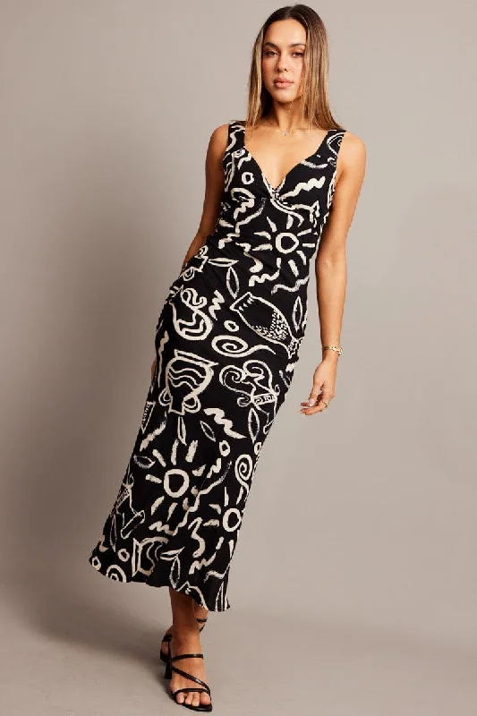 Black Abstract Slip Dress Maxi