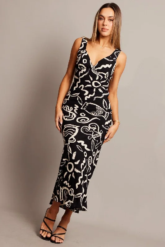 Black Abstract Slip Dress Maxi