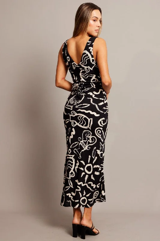 Black Abstract Slip Dress Maxi