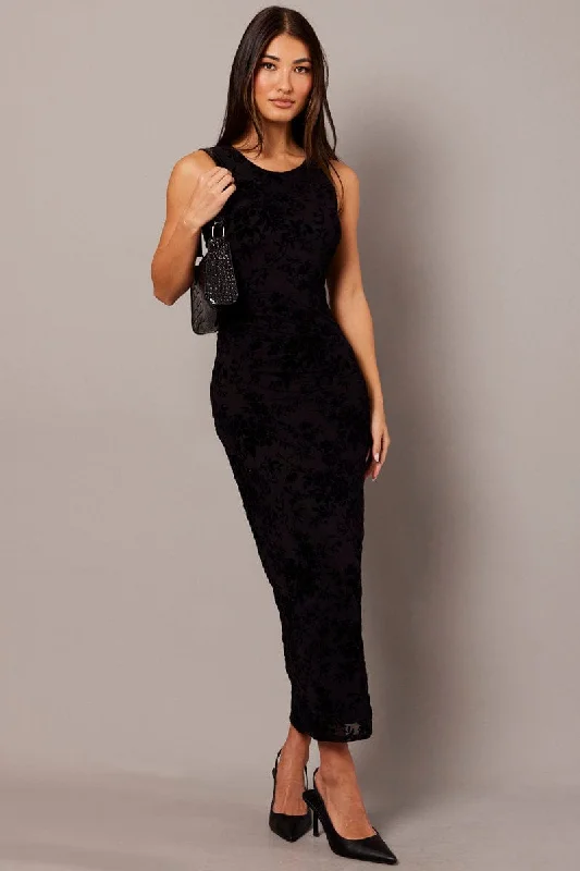 Black Bodycon Dress Round Neck Sleeveless Burnout