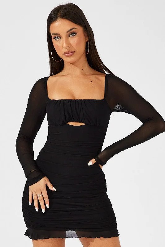 Black Bodycon Dress Ruched Mesh