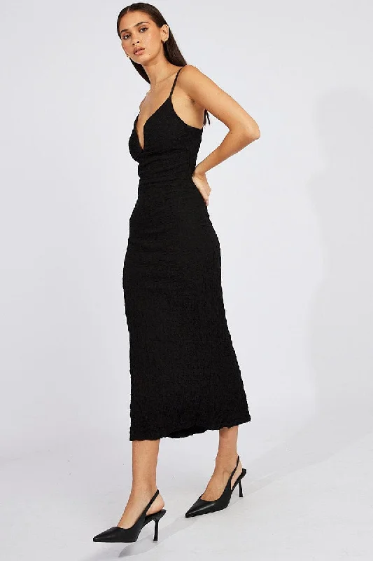 Black Bodycon Dress Strappy Textured Fabric