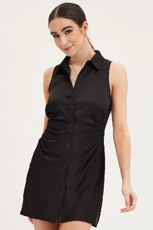 Black Button Front Dress Sleeveless Mini