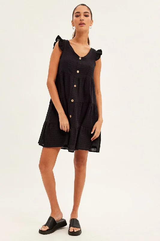 Black Button Front Mini Swing Dress