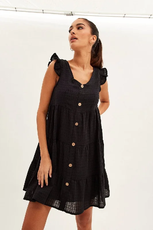 Black Button Front Mini Swing Dress